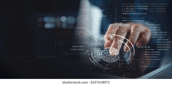 Cyber security, data protection. Using fingerprint scan to access personal data security on secured network connection. Biometric technology, data encryption, cybersecurity technology