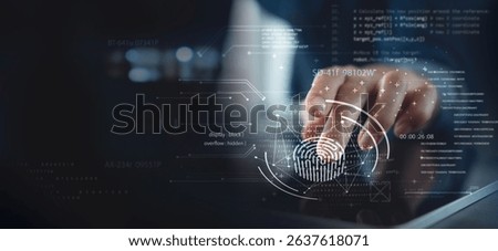 Cyber security, data protection. Using fingerprint scan to access personal data security on secured network connection. Biometric technology, data encryption, cybersecurity technology