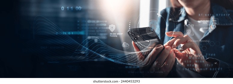 Cyber security, data protection. Woman using mobile phone and fingerprint or face id scan to access personal data security on secured network connection. Biometric technology, data encryption - Powered by Shutterstock