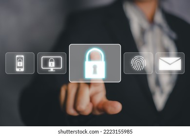 Cyber security, digital crime concept, Person touching on VR screen padlock icon, cybersecurity expert working on secure access internet to protect server against cybercrime. - Shutterstock ID 2223155985