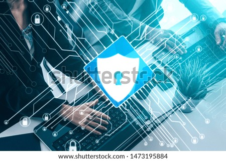 Cyber Security and Digital Data Protection Concept. Icon graphic interface showing secure firewall technology for online data access defense against hacker, virus and insecure information for privacy.