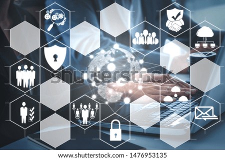 Cyber Security and Digital Data Protection Concept. Icon graphic interface showing secure firewall technology for online data access defense against hacker, virus and insecure information for privacy.