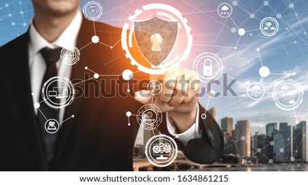 Cyber Security and Digital Data Protection Concept. Icon graphic interface showing secure firewall technology for online data access defense against hacker, virus and insecure information for privacy.