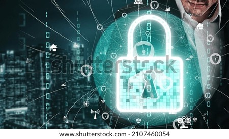 Cyber Security and Digital Data Protection conceptual . Graphic interface showing secure firewall technology for online data access defense against hacker, virus and insecure information for privacy.