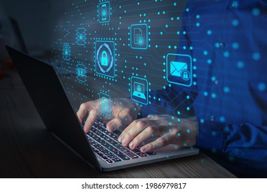 Cyber security IT engineer working on protecting network against cyberattack from hackers on internet. Secure access for online privacy and personal data protection. Hands typing on keyboard and PCB - Shutterstock ID 1986979817