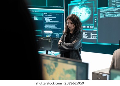 Cyber security expert in a national safety operations center detecting cyber attacks or threats. Governmental hacking team focusing on data protection, cyber operations in progress.