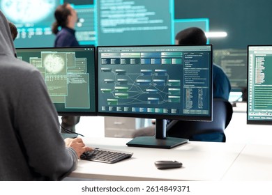 Cyber security experts working on spyware and malware detection in a governmental agency center. Examining server and database info on a big screen to combat cyberterrorism, hacking team.