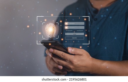 Cyber security and Fingerprint login, User, identification information security and encryption. Technology secure access and connection data. Verify access information. Login form internet browser. - Shutterstock ID 2195626801