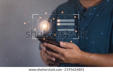 Cyber security and Fingerprint login, User, identification information security and encryption. Technology secure access and connection data. Verify access information. Login form internet browser.