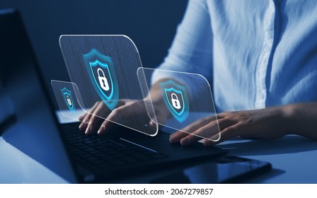 Cyber security  firewall interface protection concept. Businesswoman protecting herself from cyber attacks. Personal data security and banking. - Powered by Shutterstock