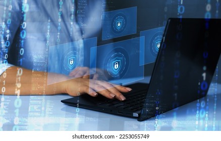 Cyber security firewall interface protection concept.Protecting herself from cyber attacks. Personal data security and banking. 