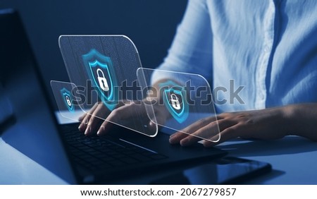 Cyber security  firewall interface protection concept. Businesswoman protecting herself from cyber attacks. Personal data security and banking.