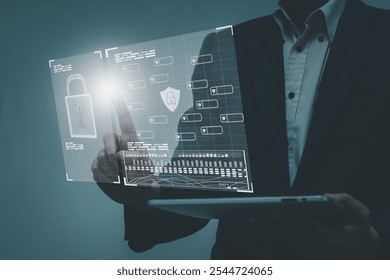 Cyber security and futuristic technology concept businessman using digital identity pernal interface,to scan password,with technology icons and padlock,with artificial intelligence system or ai. - Powered by Shutterstock - Get 15% off with code: PIKWIZARD15