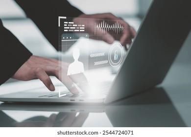 Cyber security and futuristic technology concept businessman using digital identity pernal interface,to scan password,with technology icons and padlock,with artificial intelligence system or ai.