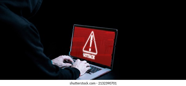 Cyber security hacker concept. Internet web hack technology. Blurred Digital laptop in hacker man hand isolated on black with glitch effect. Data protection, secured internet access, cybersecurity