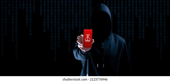 Cyber Security Hacker Smartphone. Internet Web Hack Technology. Digital Mobile Phone In Hacker Man Hand Isolated On Black Banner. Data Protection, Secured Internet Access, Cybersecurity