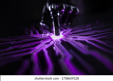 Cyber Security Hacking Concept: Rogue Artificial Intelligence Robot Hand Touches Screen and Creates Computer Virus. Visualization, Digitalization of Cyber Attack, Data Theft, Hacking, Virus Spreading - Shutterstock ID 1738659128