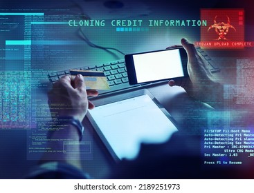 Cyber Security, Hacking And Credit Card Fraud With Cgi, Special Effects And Digital Overlay Of The Hands Of A Man Cloning A Bank Account And Stealing Money, Finance Or Information From An Online