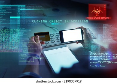 Cyber Security, Hacking And Fraud With A Computer Hacker Holding A Credit Card And Phone While Cloning A Bank Account. Theft, Crime And Data Protection With CGI, Special Effects Or Overlay