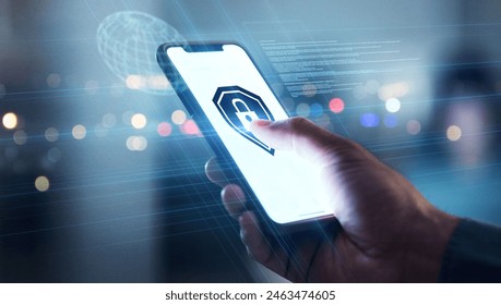 Cyber security, hand and phone with safety lock system for network, information or data. Person with icon on personal smartphone screen for privacy, antivirus or hacking and fraud or access control - Powered by Shutterstock