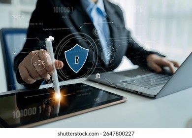 Cyber security interface with biometric and AI-powered protection system. Cyber security secures access, cybersecurity protects identity, cybersecurity detects threats, and defends data. Latch