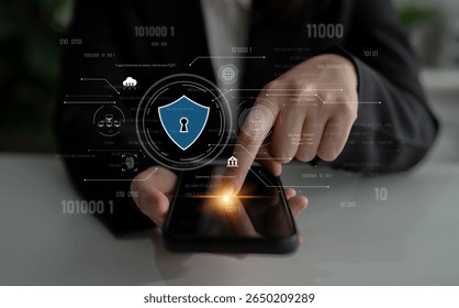 Cyber security interface with biometric and AI-powered protection system. Cyber security secures access, cybersecurity protects identity, cybersecurity detects threats, and defends data. Latch