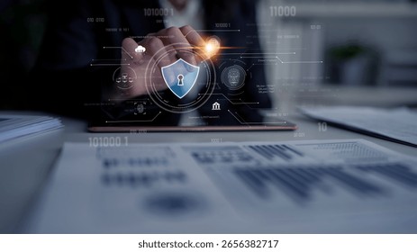 Cyber security interface with biometric and AI-powered protection system. Cyber security secures access, cybersecurity protects identity, cybersecurity detects threats, and defends data. Latch