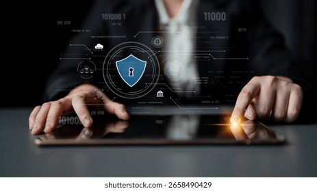Cyber security interface with biometric and AI-powered protection system. Cyber security secures access, cybersecurity protects identity, cybersecurity detects threats, and defends data. Latch