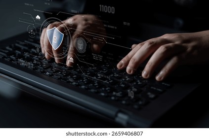 Cyber security interface with biometric and AI-powered protection system. Cyber security secures access, cybersecurity protects identity, cybersecurity detects threats, and defends data. Latch