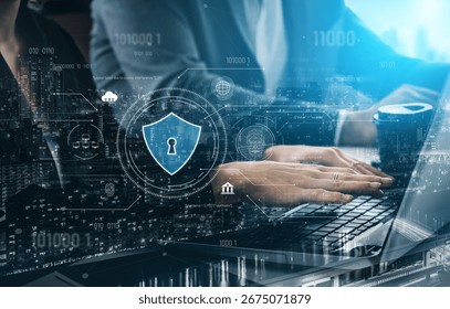 Cyber security interface with biometric and AI-powered protection system. Cyber security secures access, cybersecurity protects identity, cybersecurity detects threats, and defends data. Vouch