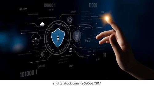 Cyber security interface with biometric and AI-powered protection system. Cyber security secures access, cybersecurity protects identity, cybersecurity detects threats, and defends data. Latch