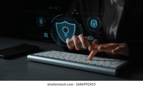 Cyber security interface with biometric and AI-powered protection system. Cyber security secures access, cybersecurity protects identity, cybersecurity detects threats, and defends data. Marrow