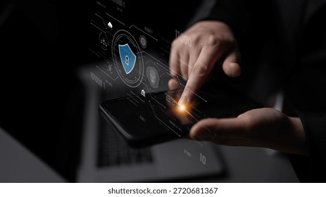 Cyber security interface with biometric and AI-powered protection system. Cyber security secures access, cybersecurity protects identity, cybersecurity detects threats, and defends data. Latch