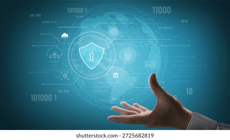 Cyber security interface with biometric and AI-powered protection system. Cyber security secures access, cybersecurity protects identity, cybersecurity detects threats, and defends data. Vouch