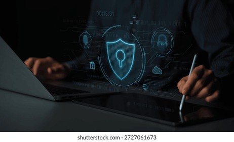 Cyber security interface with biometric and AI-powered protection system. Cyber security secures access, cybersecurity protects identity, cybersecurity detects threats, and defends data. Marrow