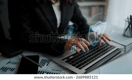 Cyber security interface with biometric and AI-powered protection system. Cyber security secures access, cybersecurity protects identity, cybersecurity detects threats, and defends data. Marrow