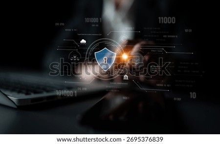 Cyber security interface with biometric and AI-powered protection system. Cyber security secures access, cybersecurity protects identity, cybersecurity detects threats, and defends data. Latch