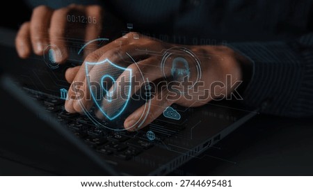 Cyber security interface with biometric and AI-powered protection system. Cyber security secures access, cybersecurity protects identity, cybersecurity detects threats, and defends data. Marrow