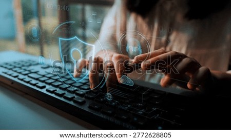 Cyber security interface with biometric and AI-powered protection system. Cyber security secures access, cybersecurity protects identity, cybersecurity detects threats, and defends data. Marrow