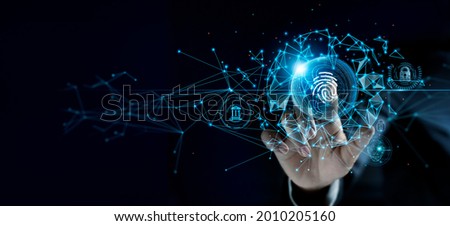 
Cyber security, Internet security online, Businessman touching fingerprint identification to access personal financial data, on digital network, Technology cybernetic on networking connection.