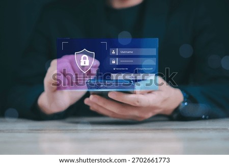 Cyber security and login authentication interface. Person accessing secure online account using mobile phone with digital shield and password protection screen.