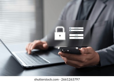 Cyber security login interface concept. Businessman accessing digital account using smartphone with secure username and password authentication to protect online identity and sensitive information.