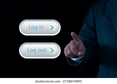Cyber security login interface concept , Businessman touching virtual screen with login and logout button with user interface screen data protection, privacy, authentication, and online security.