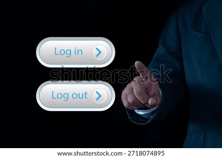 Cyber security login interface concept , Businessman touching virtual screen with login and logout button with user interface screen data protection, privacy, authentication, and online security.