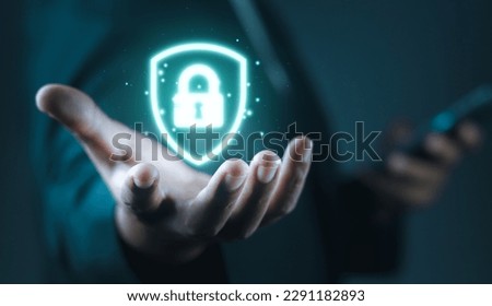 Cyber security network. Businessman holding Padlock shield icon and internet technology networking and protecting data personal information. privacy security. Data protection privacy concept. GDPR. EU