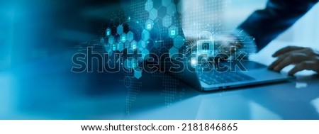 Cyber security network. Businessman using laptop and digital padlock with data protection on internet technology networking and  social network. GDPR. EU. 
