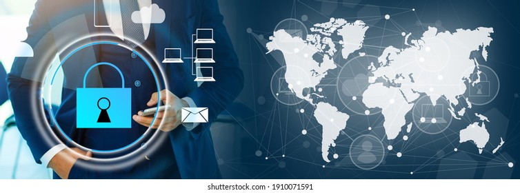 Cyber security network concept. Hand using smartphone with master key connect world networking virtual graphic and binary coded background.