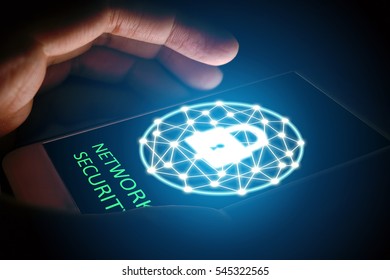 Cyber security network concept, Man protect network in smartphone.