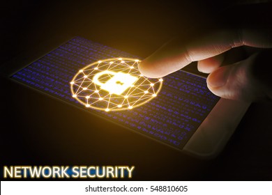 Cyber security network concept, Man using smartphone with lock networking virtual screen.