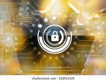 Cyber security network concept. Master key connect virtual networking graphic and blur laptop with flare light effect